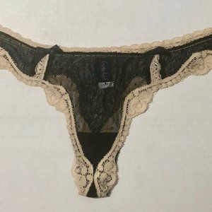 Fredericks of Hollywood Thong  Sheer Black Soft Net and Nude Lace Trim